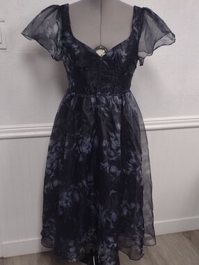 Lulus Floral Organza Midi Dress in Black and Slate Size L